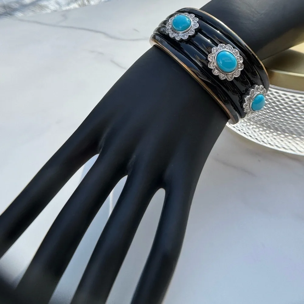 MIRIAM SALAT black Gold Tone 925 Silver turquoise and clear stone cuff bracelet.